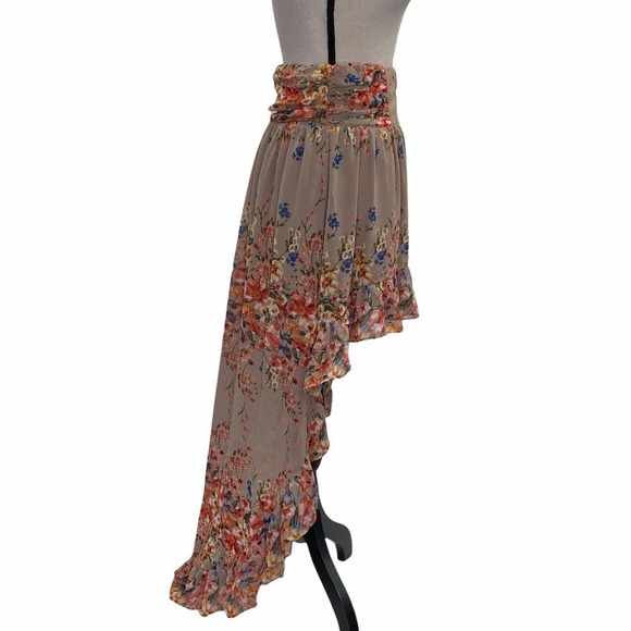 MILLAU Tan Multicolored Floral Print High Low Asymmetrical Ruffled Skirt - Picture 4 of 14